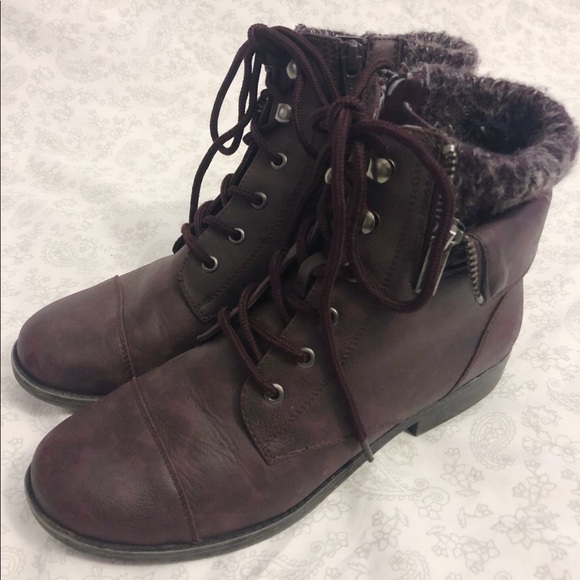 Maroon Fold Over Ankle Boots - Picture 3 of 5